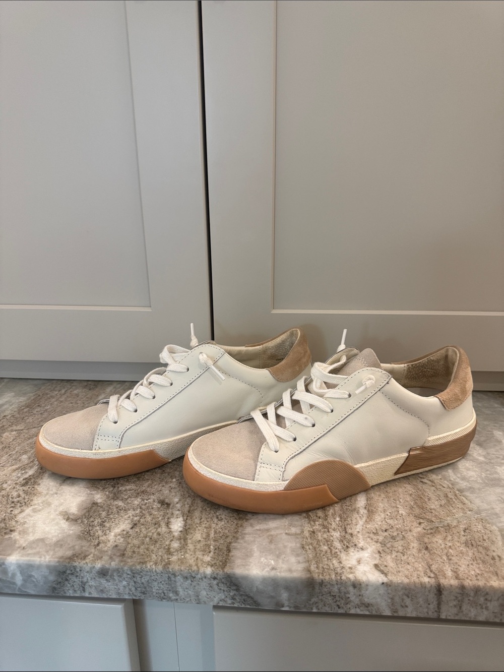 Dolce Vita White Leather Sneakers with Tan Accents